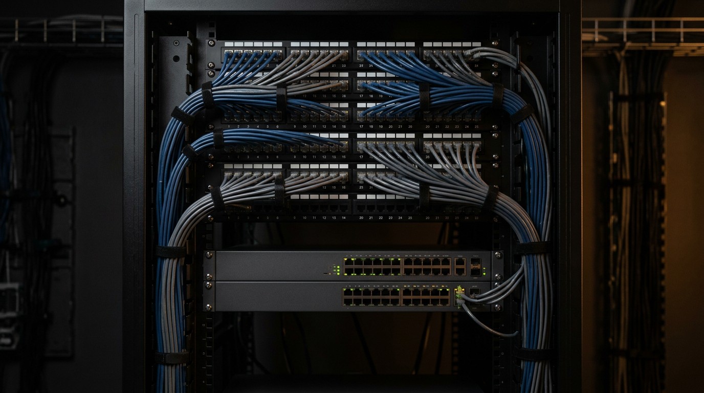 Network rack with neatly dressed patch cabling and an enterprise switch