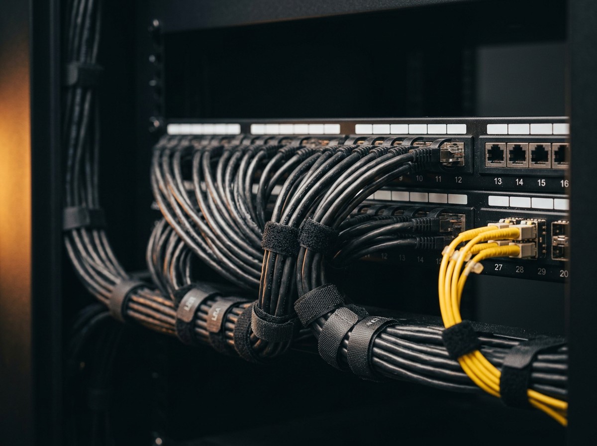 Neatly bundled Cat6A copper cabling and fiber patch cords terminated on a patch panel