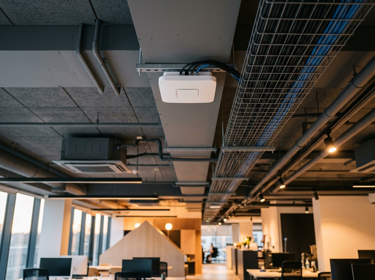 Commercial office ceiling with an enterprise Wi-Fi access point and cable tray