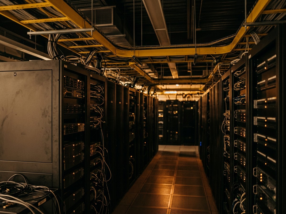 Data center aisle of network and server cabinets with overhead cable tray