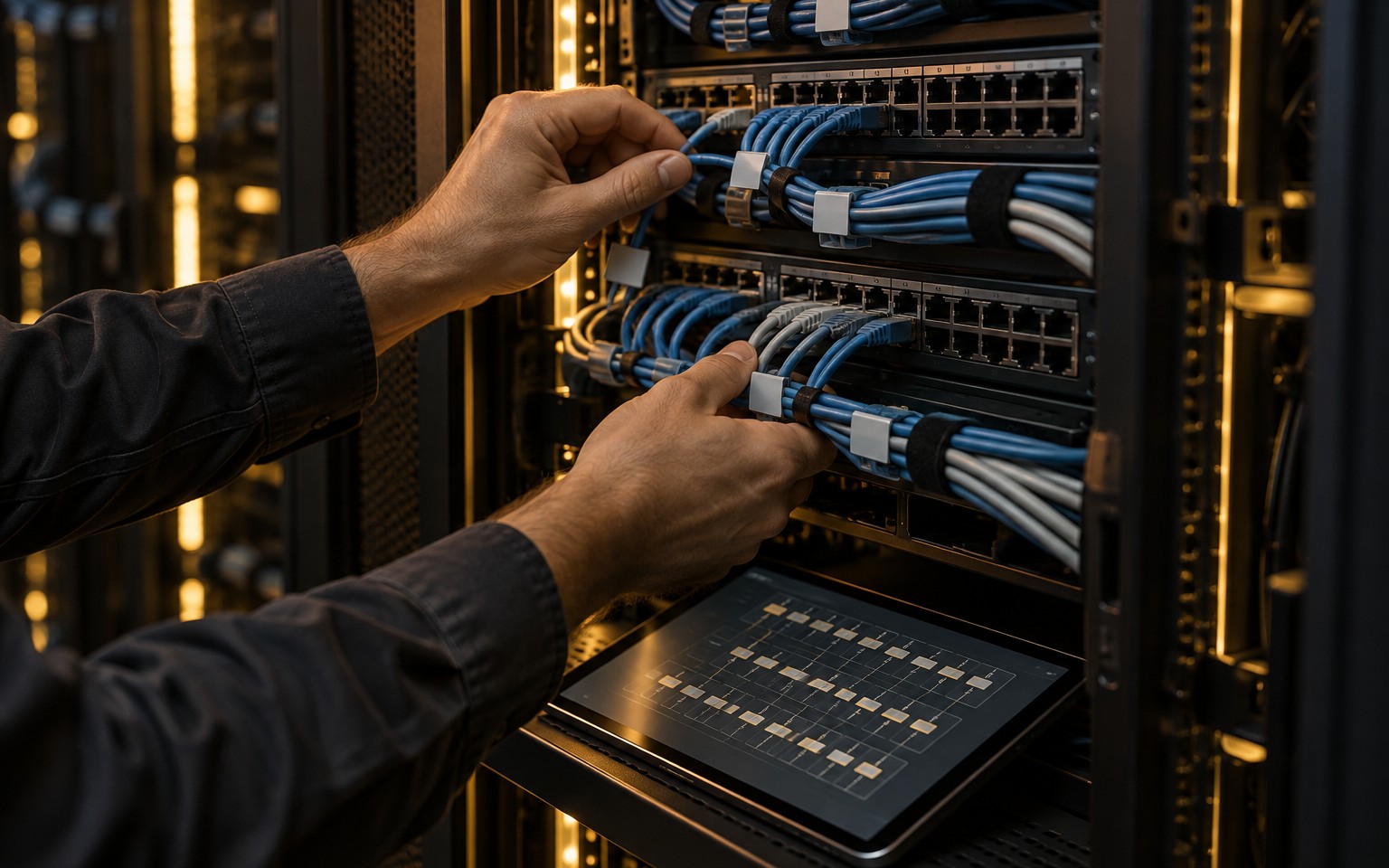 Technician checking labeled patch cables in a network rack during on-site maintenance