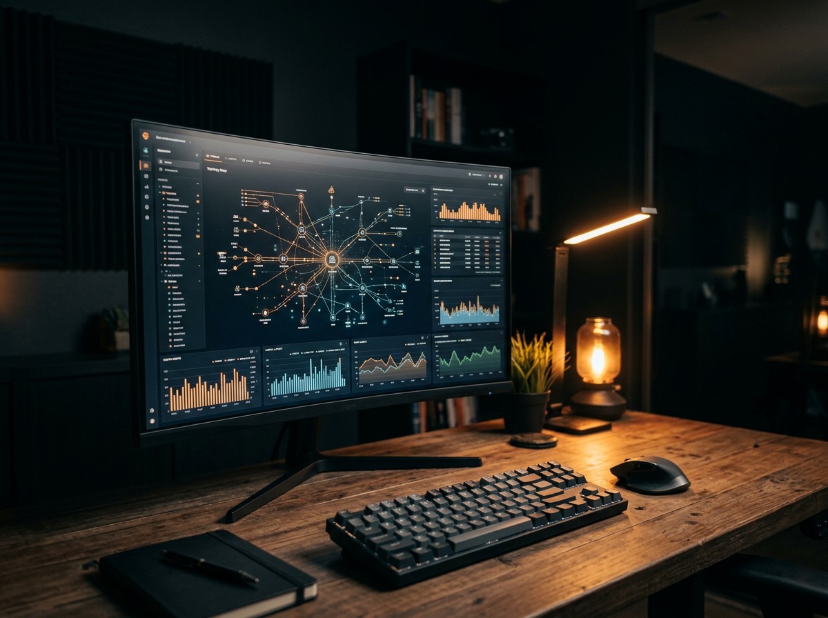 Network monitoring dashboard displayed on a desktop monitor