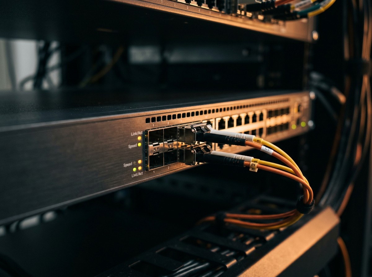 Enterprise managed switch with fiber uplink modules and patch cords