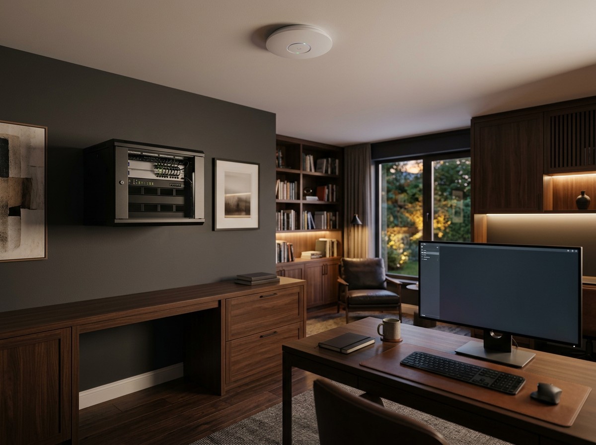 Home office with a wall-mounted network enclosure and ceiling wireless access point